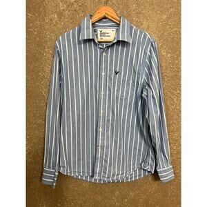 American Eagle Men's Blue Striped Button Up Shirt L
